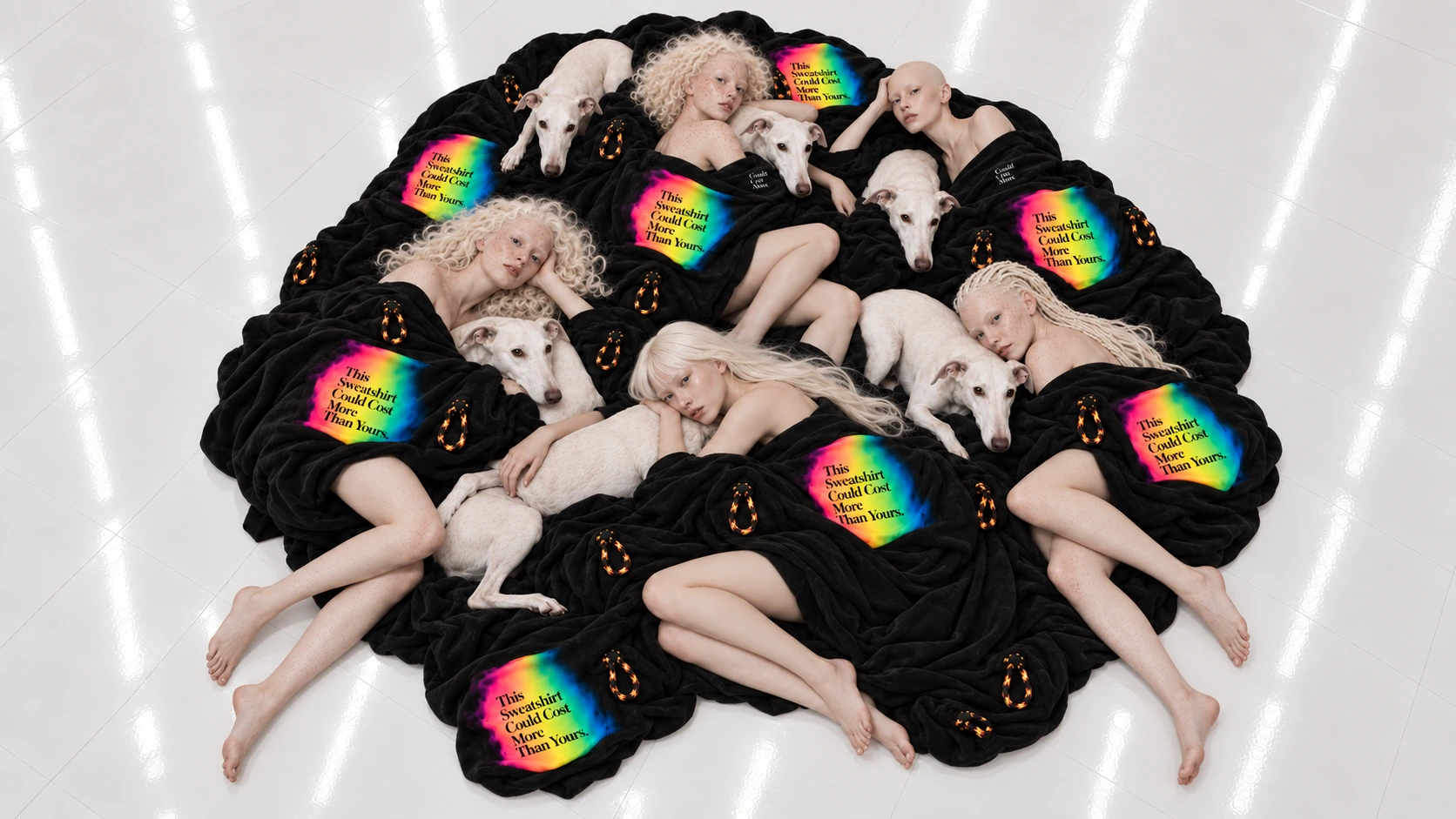Campaign: sweatshirts and greyhounds gathered on black, shot from above.