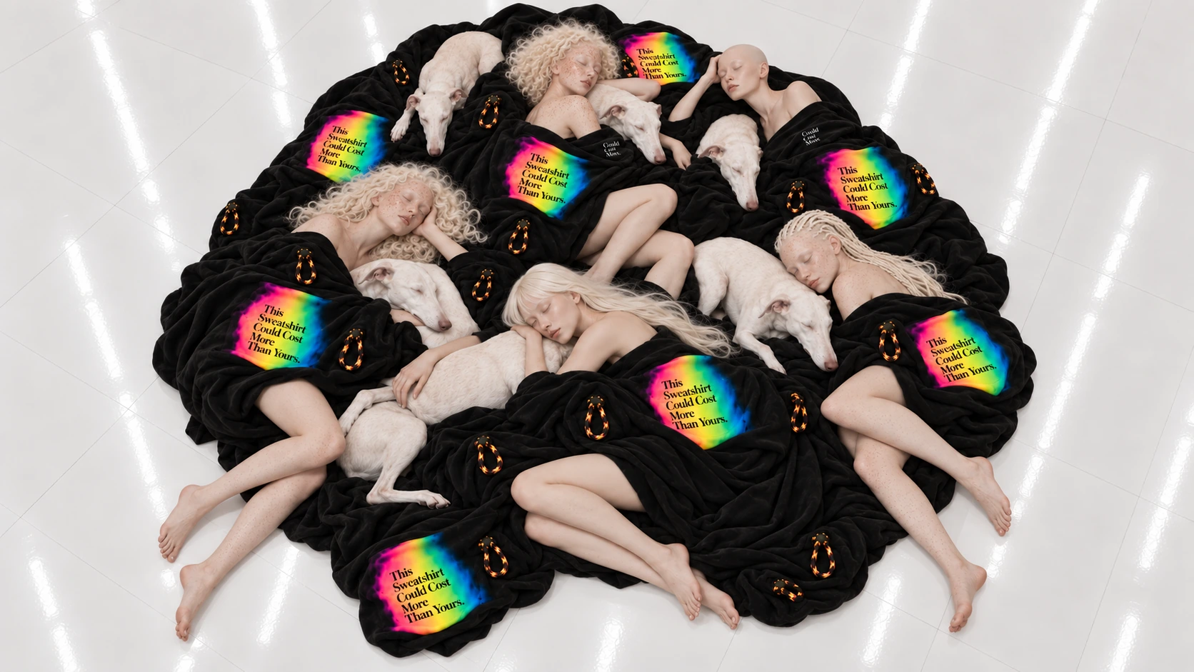 Campaign: the same sweatshirts and greyhounds, gathered closer.